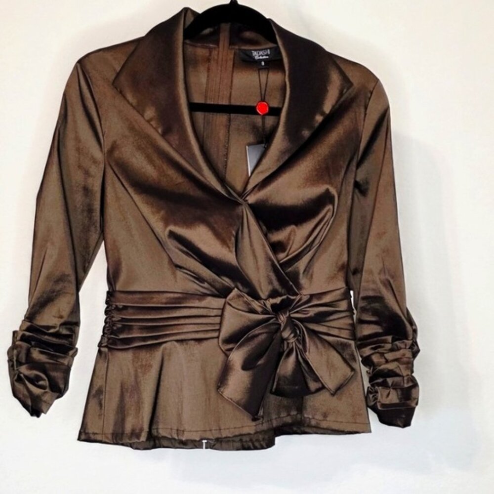Tadashi Collection Chocolate Brown NWT Satin Blouse Sz 8 Ruched Cuffs Bow Detail